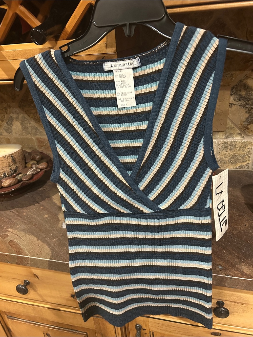 LaBelle Striped Knit V-Neck sweater or - sweater vest  TEAL , Light Blue, tan